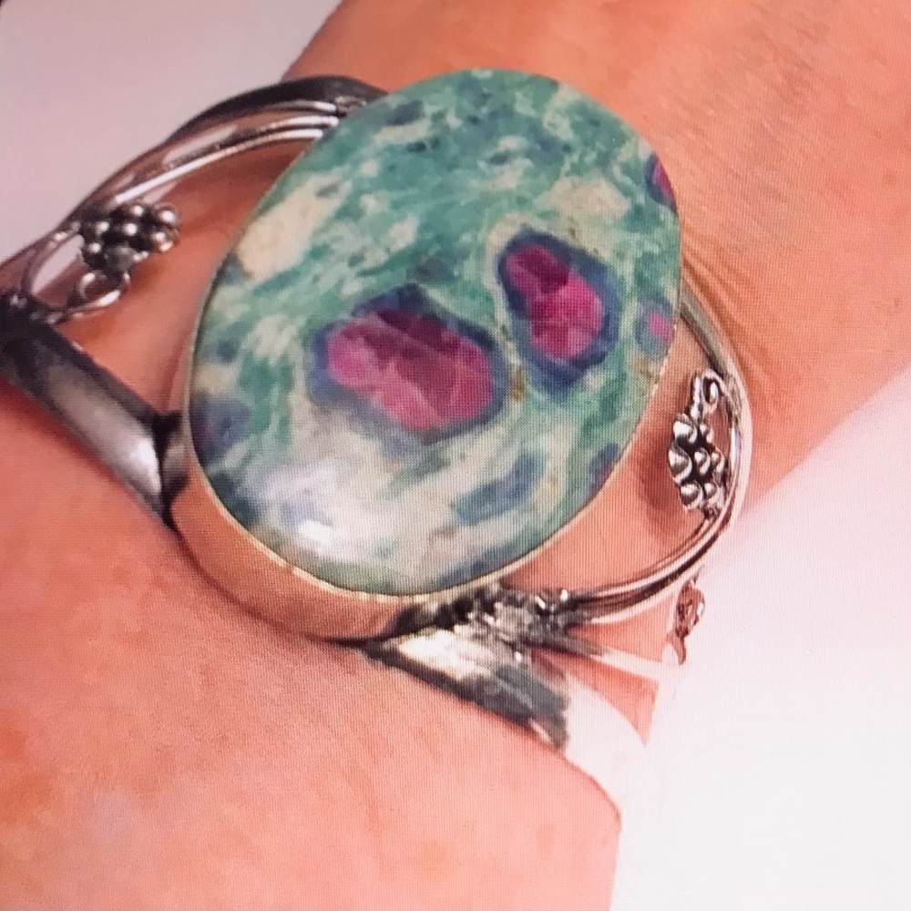 Ruby Fuchsite Stamped Solid 925 Sterling Silver Cuff Bracelet